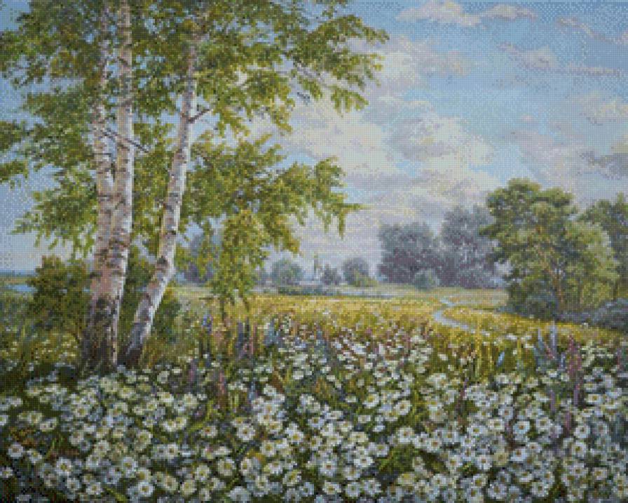 пейзажи родины - цветы, береза, ромашки, природа, живопись, деревья, поле - предпросмотр