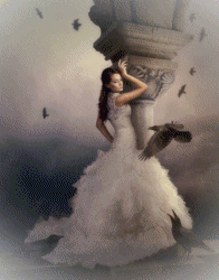 в небесах - небо, девушка, колонна, птицы - предпросмотр