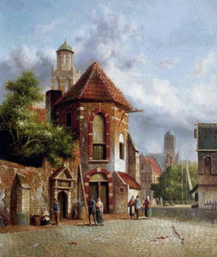 старинная картина - живопись, дорога, мостовая, замок, город, люди - предпросмотр