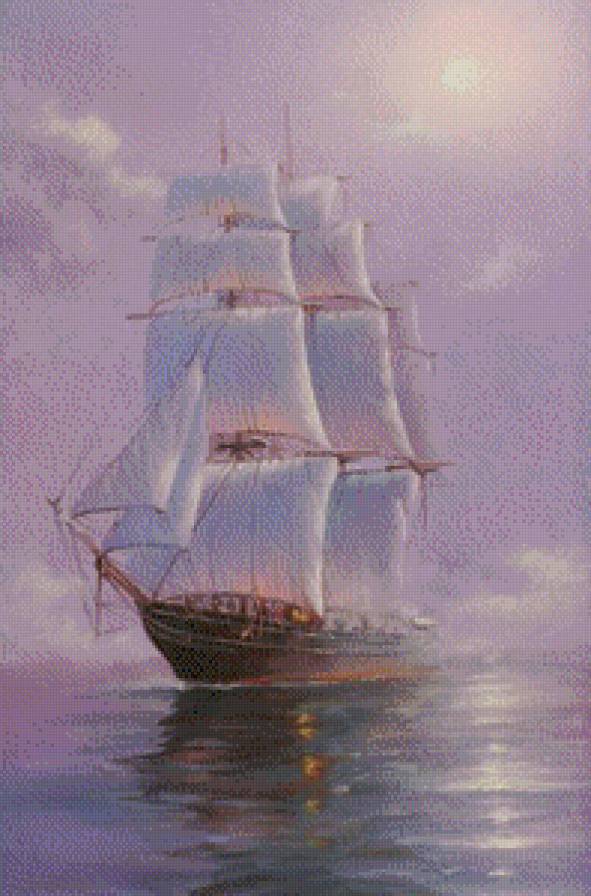 тишина - живопись, картина, парус, море, туман, корабль, утро - предпросмотр