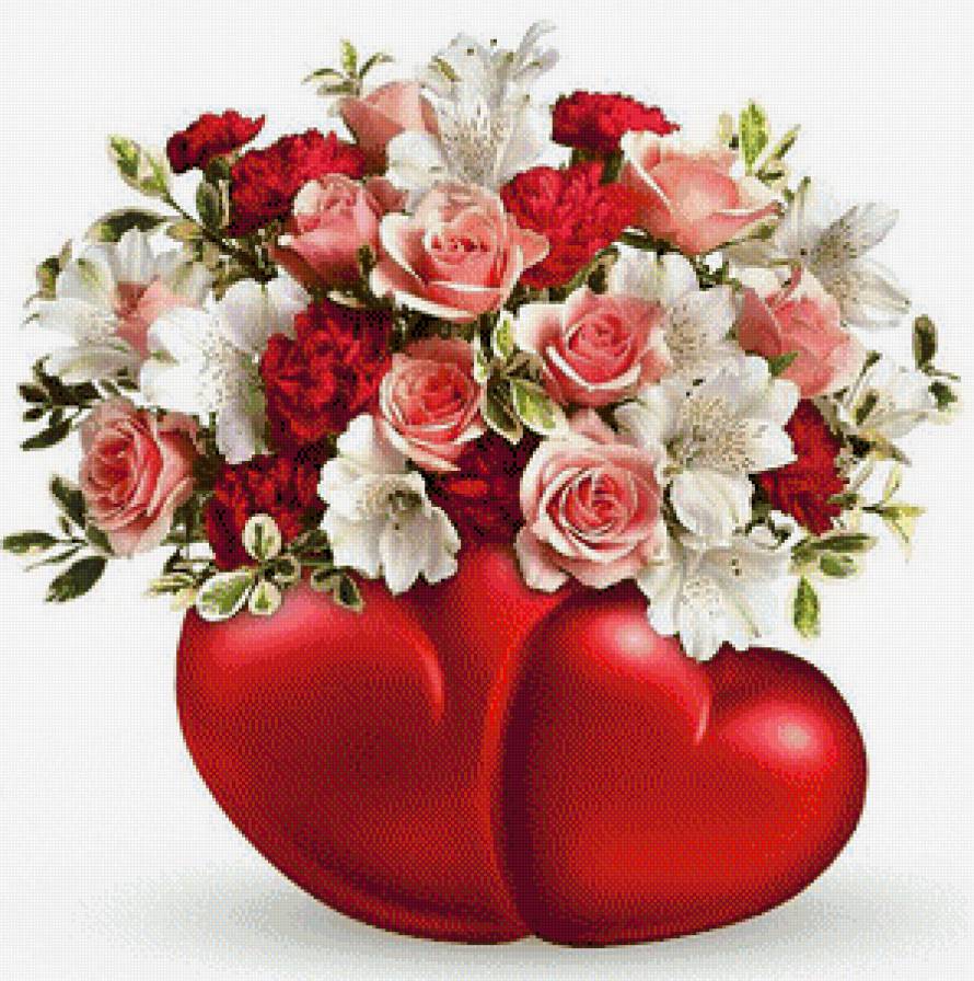 Букет - цветы, сердечки, букет, картина, розы, любовь - предпросмотр