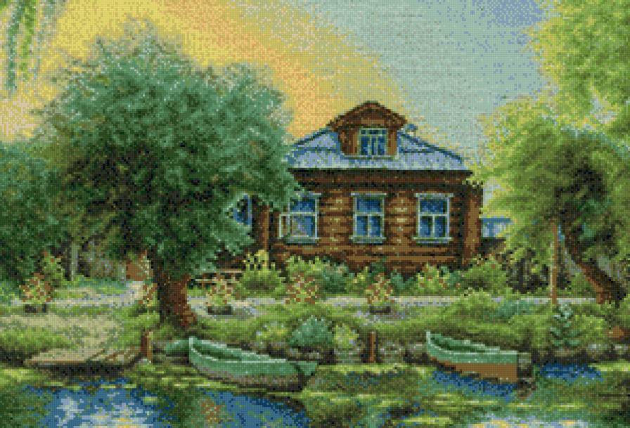 дом у реки - природа, пейзаж, лодка, река, дом - предпросмотр