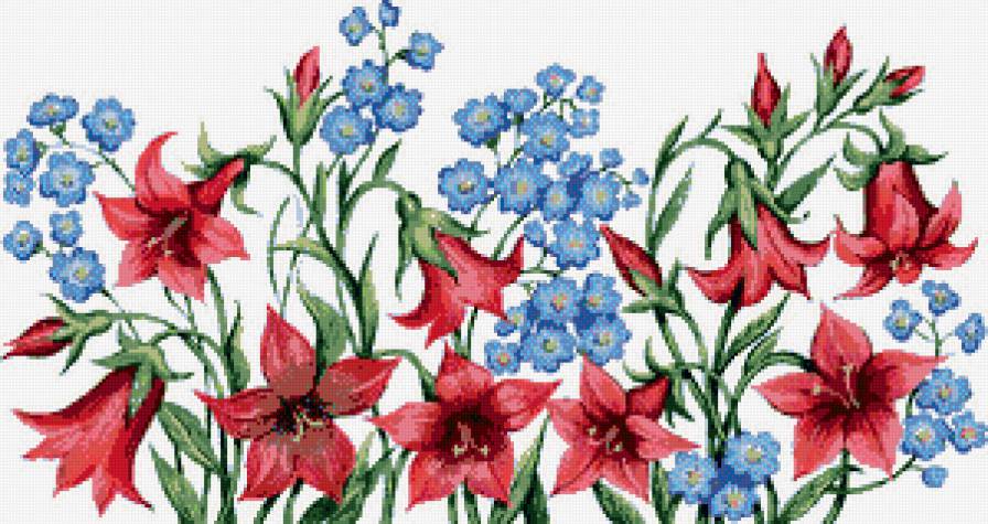 №440409 - салфетка, подушка, бордюр, цветы, скатерть, лилии, незабудки - предпросмотр