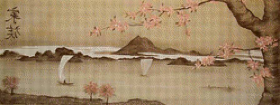 Япония - пейзаж, япония, парусник, горы - предпросмотр