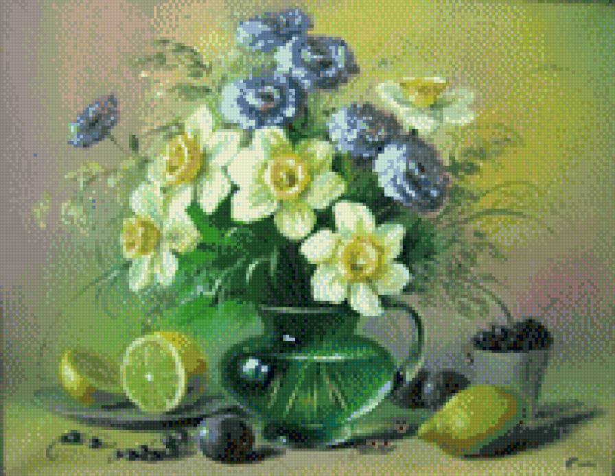Натюрморт - натюрморт, цветы, фрукты - предпросмотр