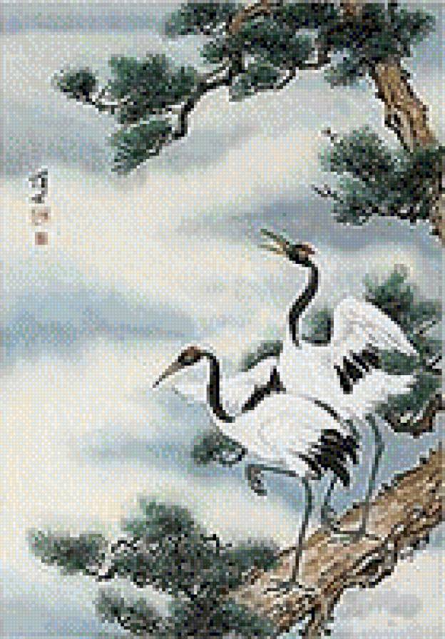 журавли и сосна - пейзаж, птицы - предпросмотр