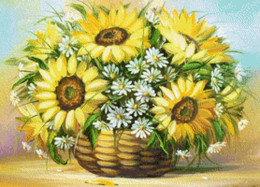 Подсолнухи и ромашки - лето, подсолнух, ромашки, подсолнухи, цветы, ромашка, корзина - предпросмотр