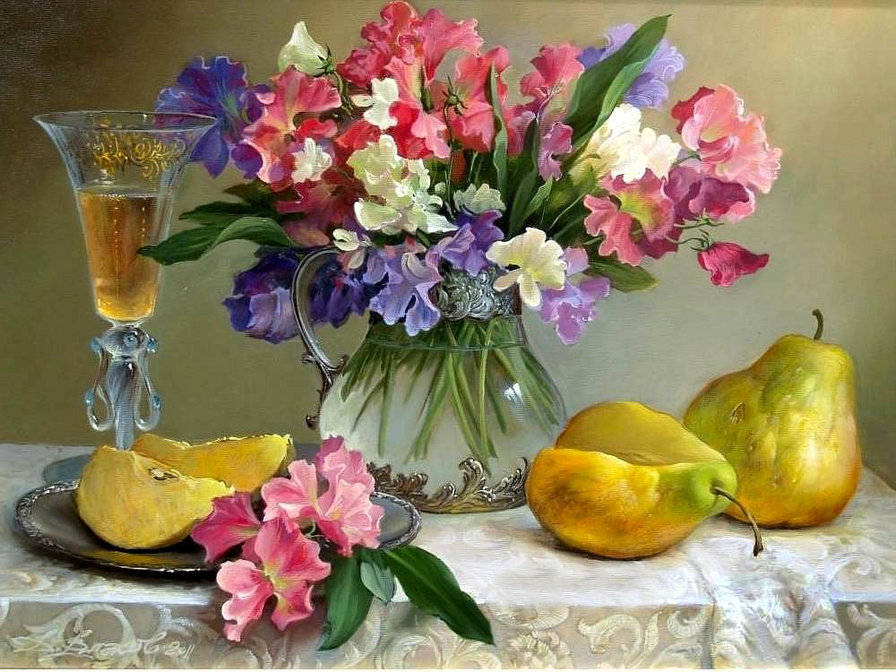 Натюрморт по картине Д.Власова Душистый горошек - натюрморт, цветы, букет - оригинал