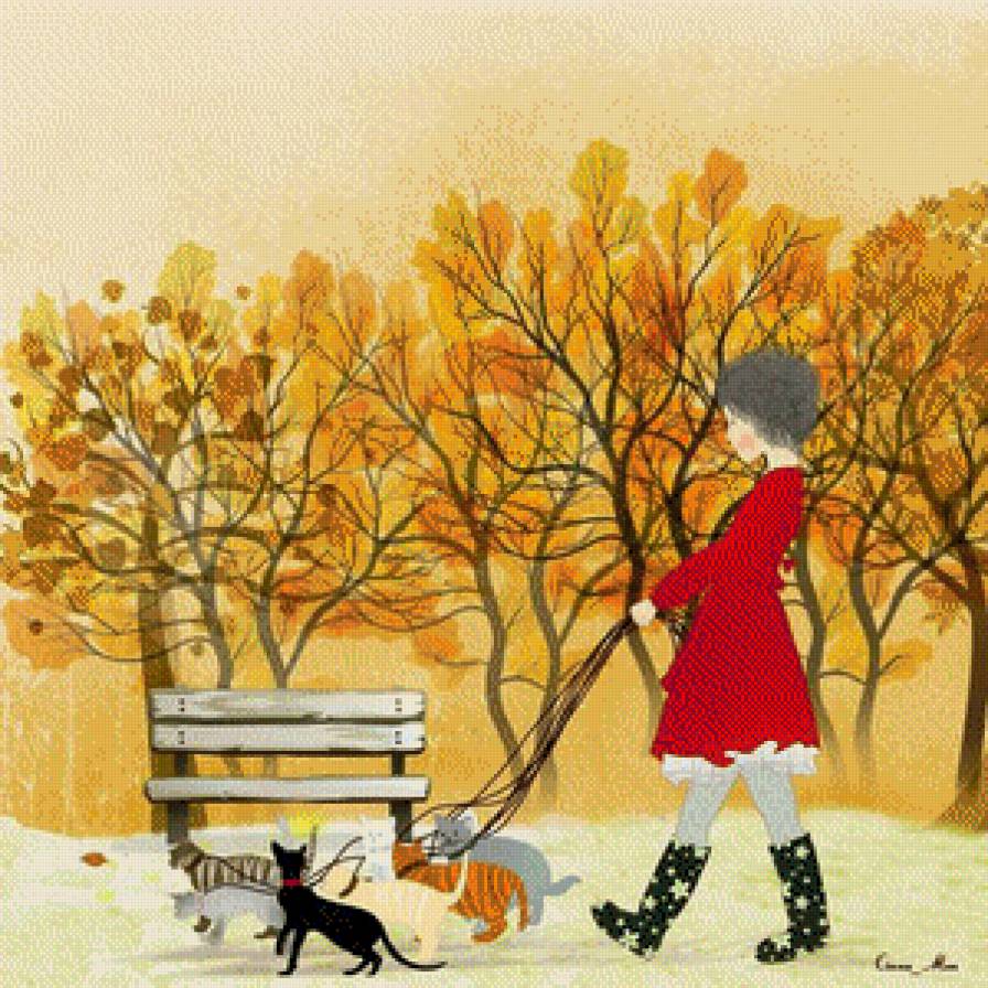 осень - девочка, котята, прогулка, осень, дети, ребенок - предпросмотр