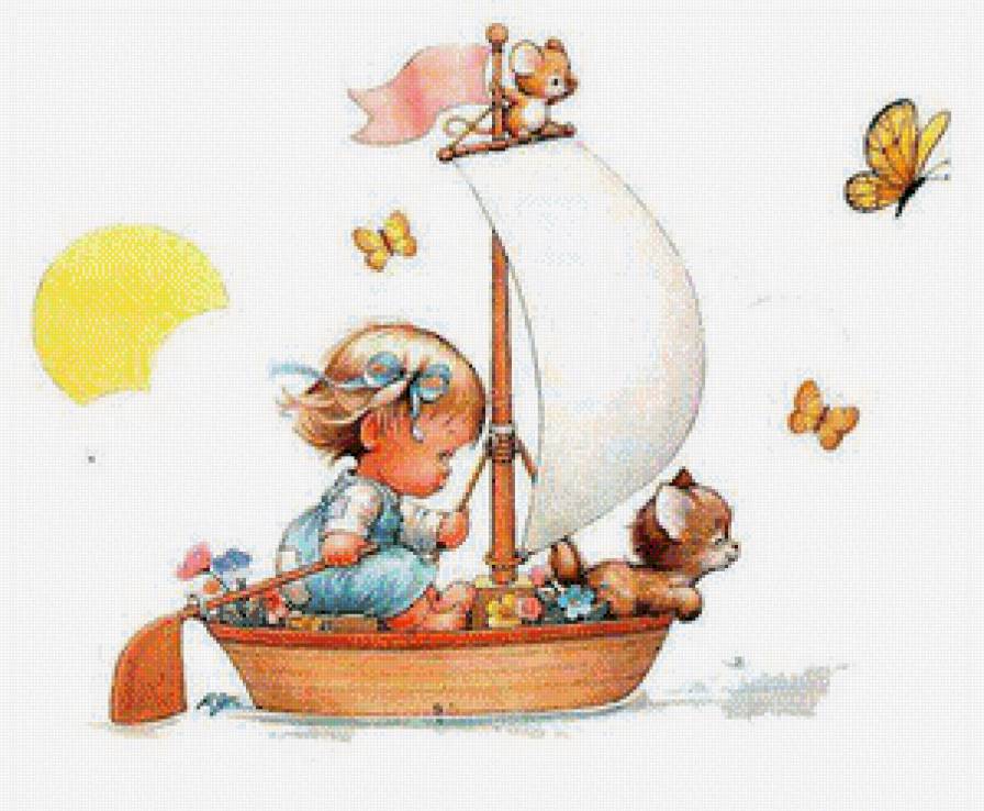 путешествие - лодка, котенок, дети - предпросмотр