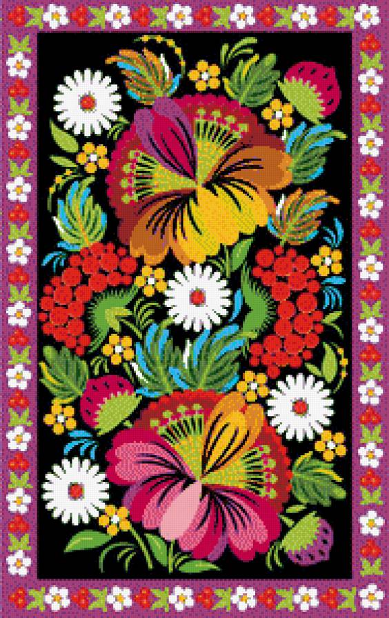 №445456 - салфетка, подушка, орнамент, роспись, ягоды, узоры, цветы, скатерть - предпросмотр