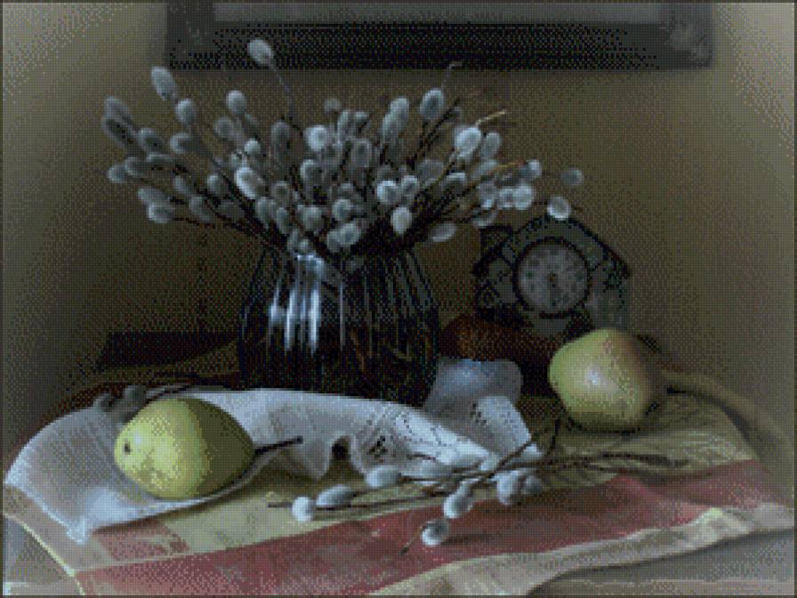 Вербный натюрморт - натюрморт, фрукты, цветы - предпросмотр