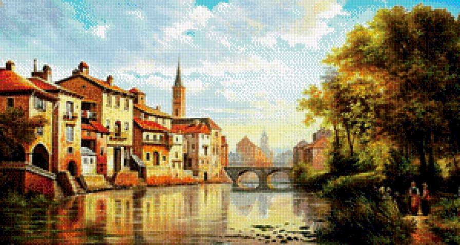 Голландский пейзаж - озеро, пейзаж, домики - предпросмотр