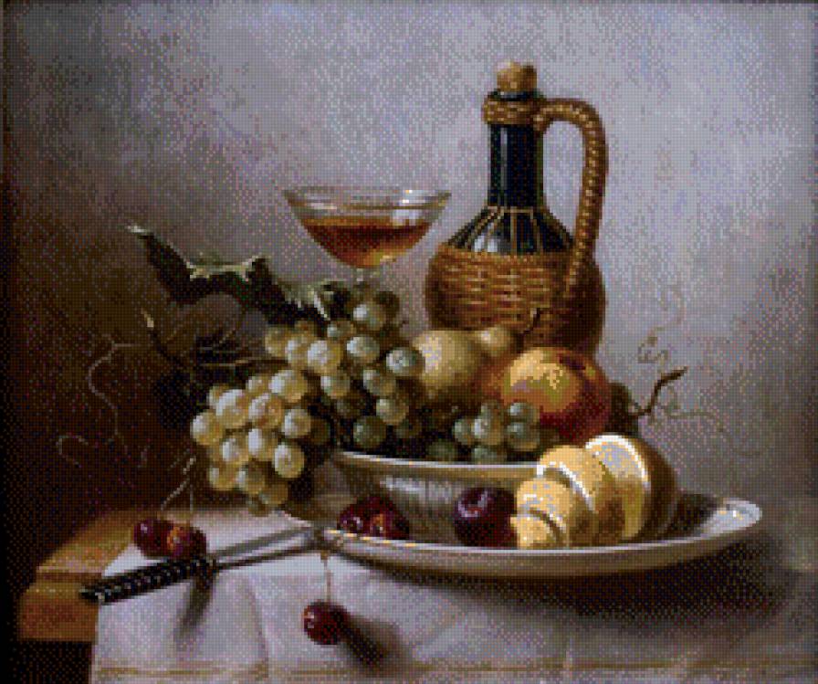 Винный натюрморт - натюрморт, бокал вина, фрукты - предпросмотр