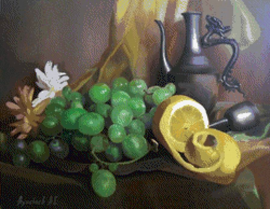 Винный натюрморт - натюрморт, фрукты, бокал вина - предпросмотр