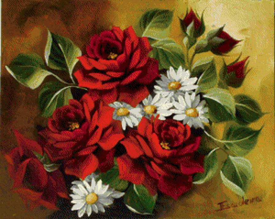 Розы и ромашки - букет, ромашки, розы, цветы - предпросмотр