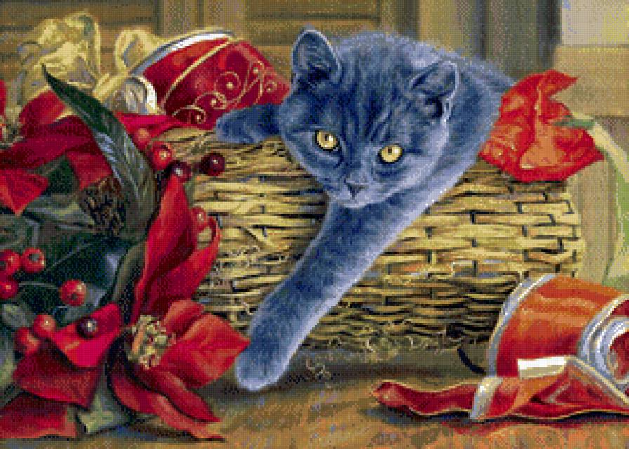 новогодняя - цветы, корзина, новый год, лента, взгляд, игрушки, кошка, кот - предпросмотр