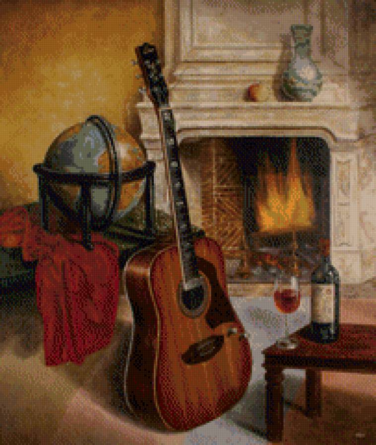 Художественная композиция с гитарой - гитара, камин - предпросмотр