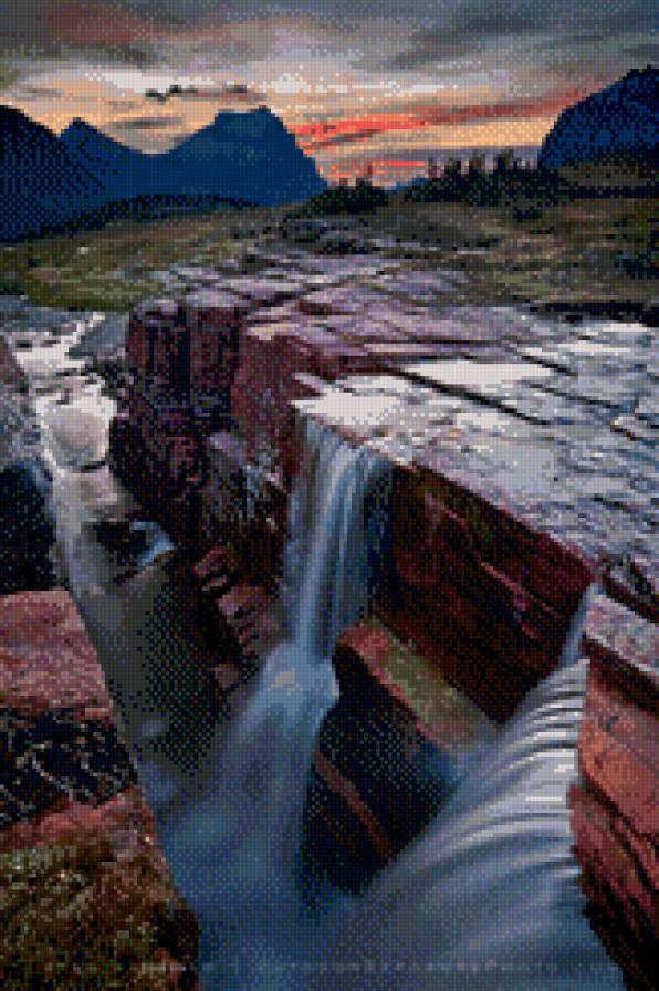 Горный водопад - горы, закат, водопад, вода - предпросмотр