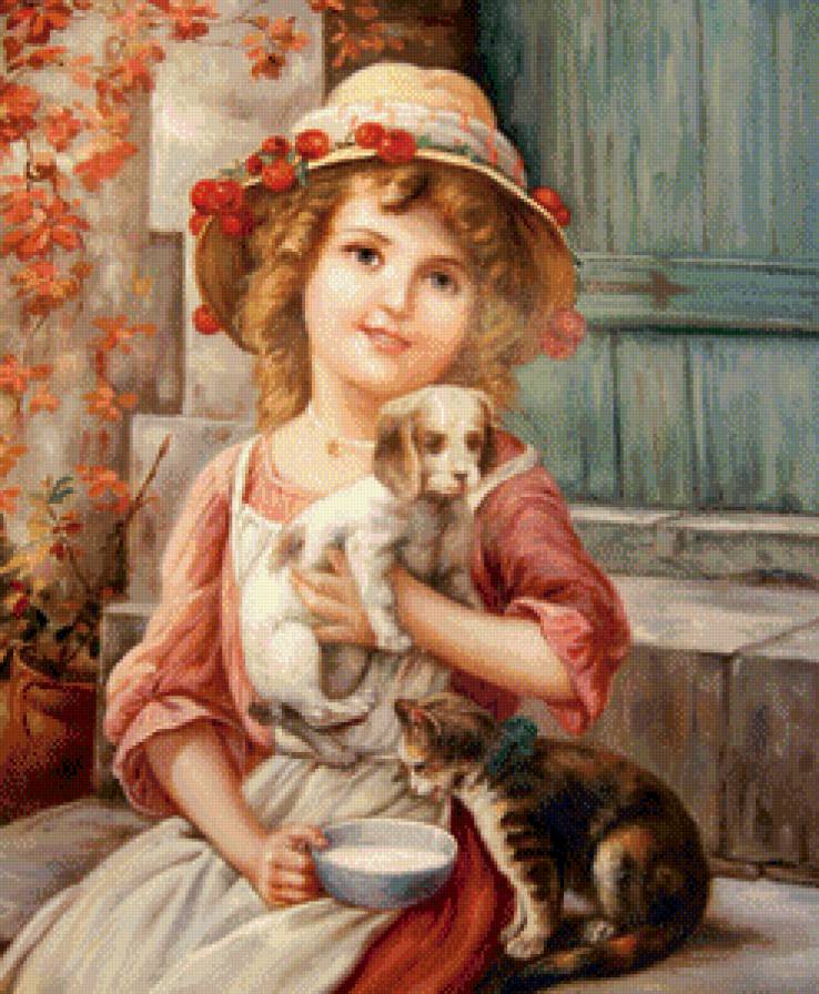 Друзья - щенок, дети, девочка, цветы, котенок - предпросмотр