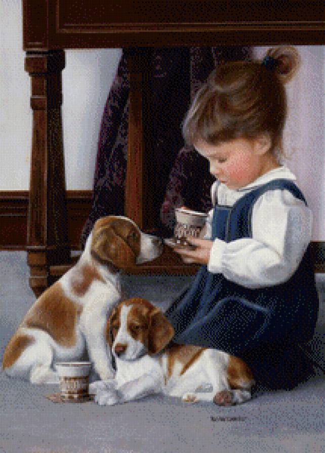 чаепитие - собаки, щенки, дети, живопись, девочка - предпросмотр