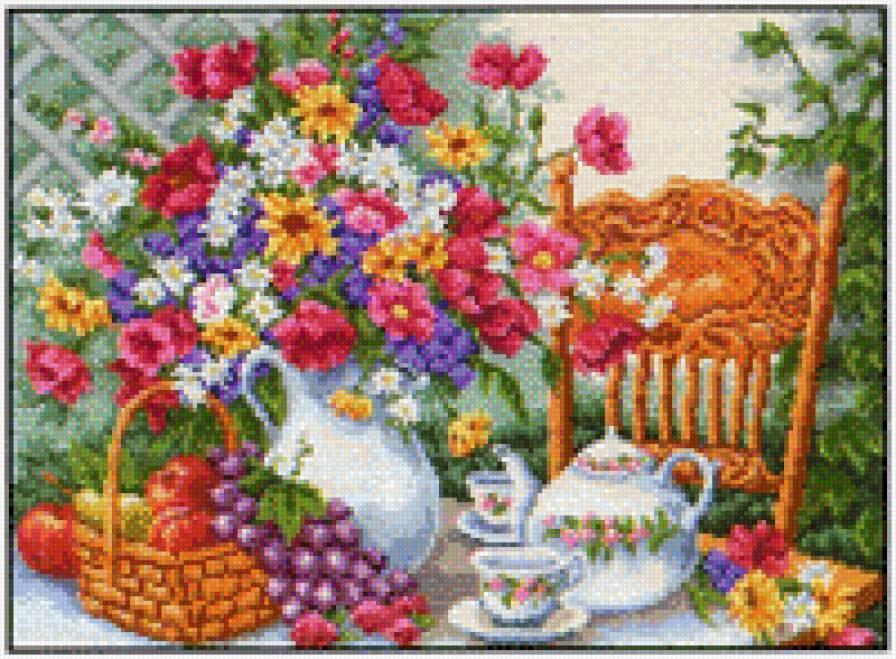 летнее чаепитие - натюрморт, картина, цветы, картины - предпросмотр