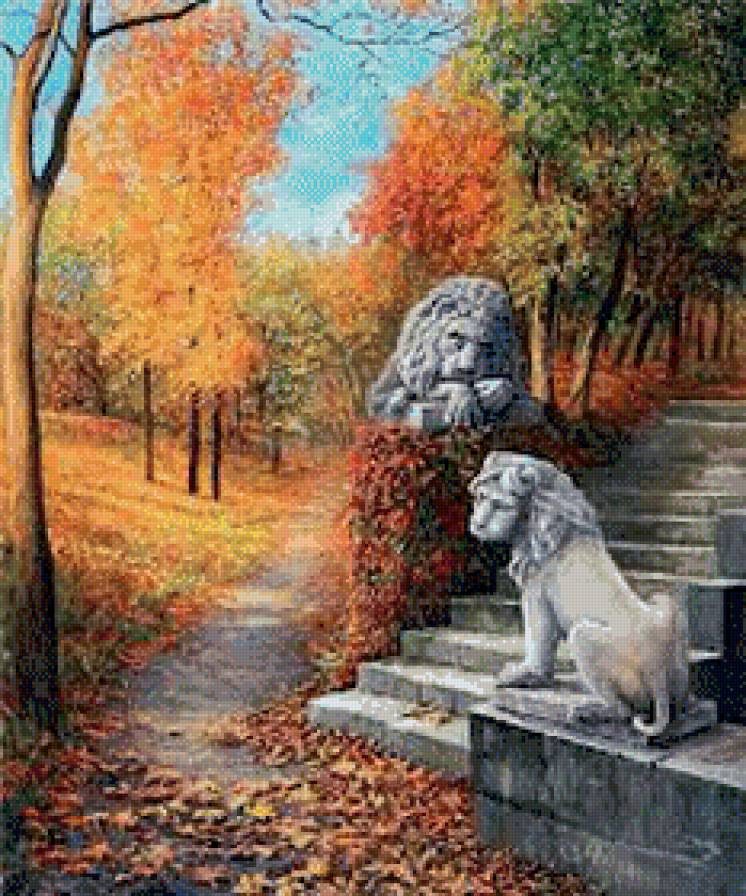 лестница со львами - пейзаж, живопись, природа, лестница, осень, львы - предпросмотр