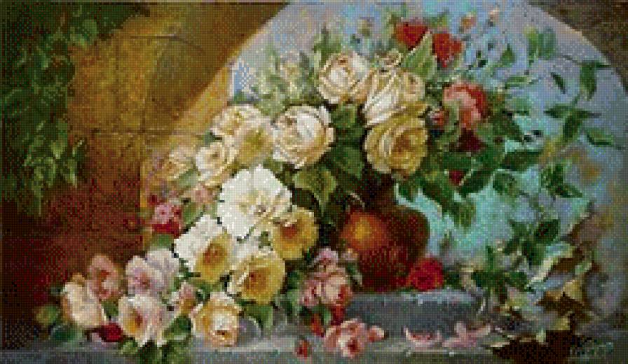 натюрморт - розы, ваза, букет, живопись, цветы - предпросмотр