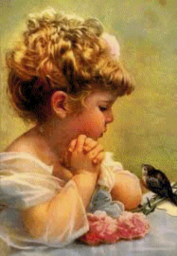 девочка с птичкой - дети, люди, живопись, интерес, девочка, птичка - предпросмотр