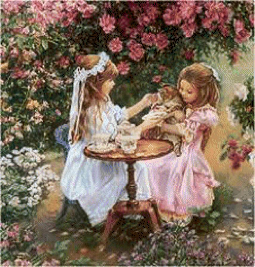 подружки в саду - люди, весна, дети, игрушки, девочки, сад, живопись - предпросмотр