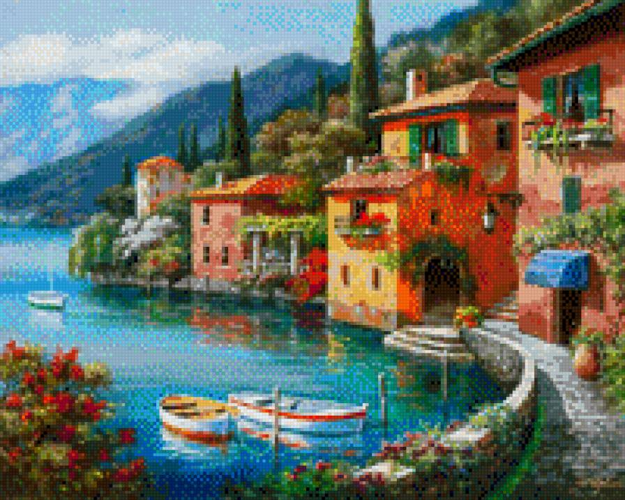 Солнечная набережная - лодки, море, набережная, пейзаж, дома - предпросмотр