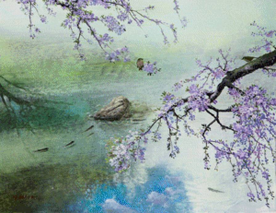 Птица  на ветке - птица, китайская живопись, восток, ветка, цветы, китай, пруд - предпросмотр