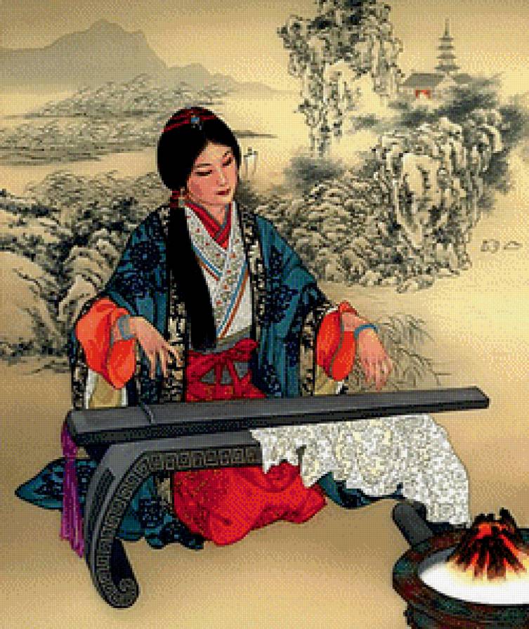 Восточная мелодия - девушка, восток, китай, музыка - предпросмотр