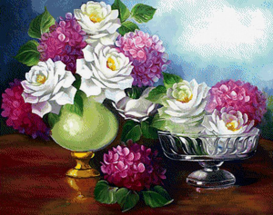 Розы и гортензии - букет, цветы, розы, гортензии - предпросмотр