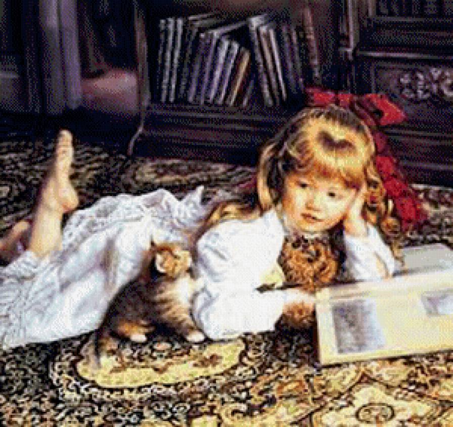 №451107 - котенок, люди, девочка, читаем, книга, живопись, детское - предпросмотр