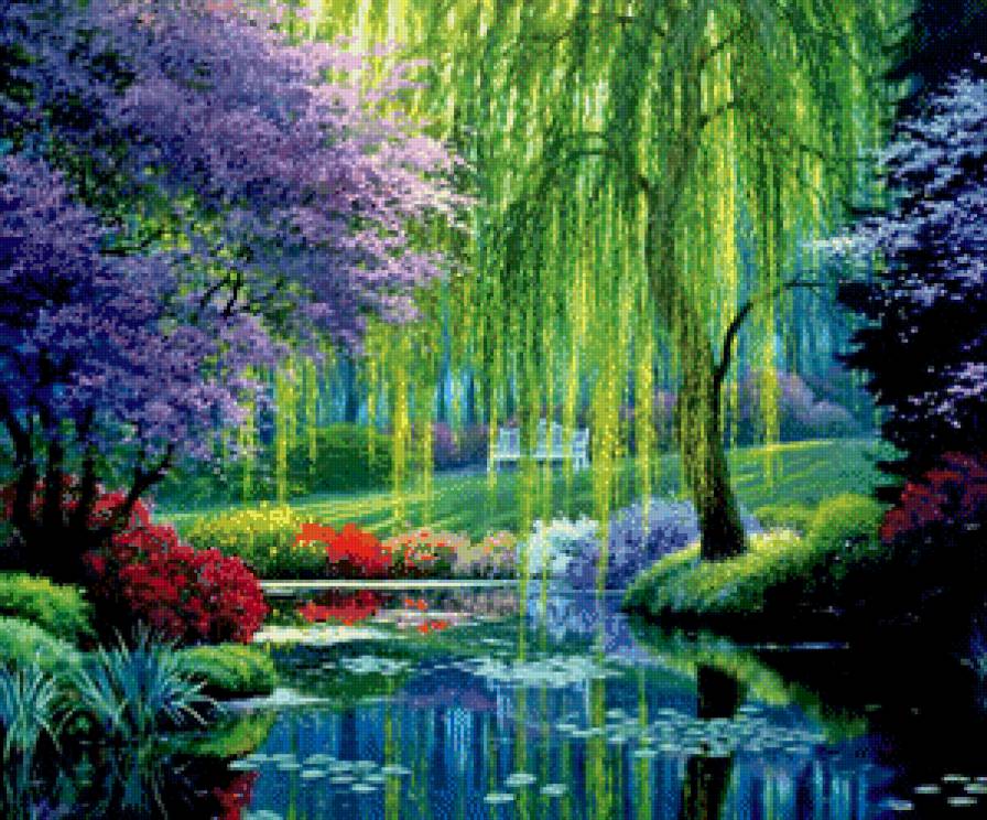 пруд в парке - цветы, живопись, природа, ива, пруд, парк, пейзаж, скамья, лето - предпросмотр