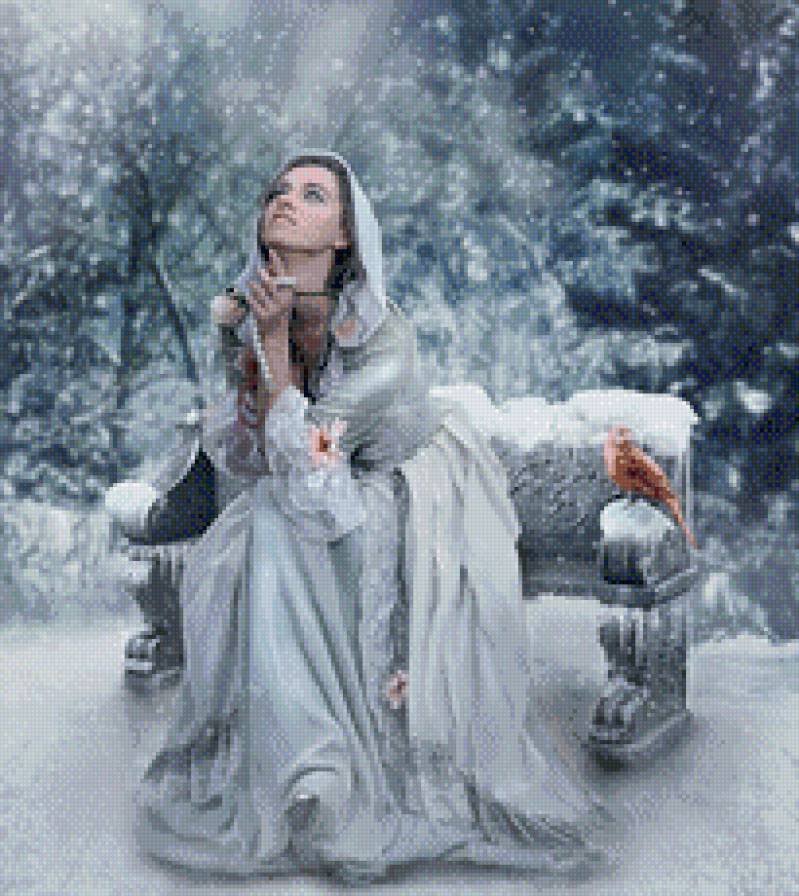 ожидание - зима, девушка, птичка - предпросмотр