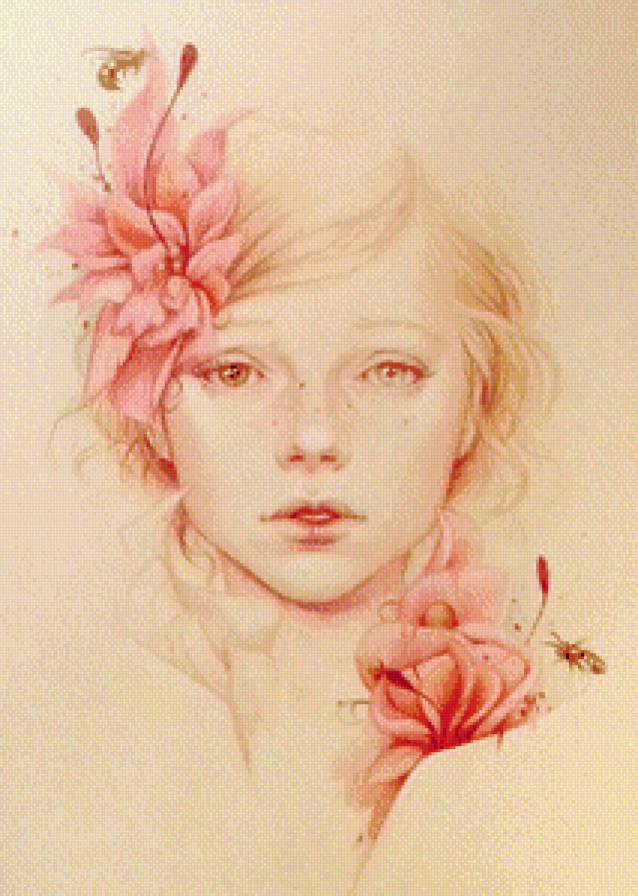 женский образ - женщина, цветы, девушка, картина, живопись - предпросмотр