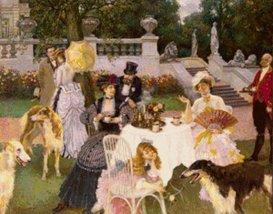 СЕРИЯ "ДВОРЯНСКАЯ УСАДЬБА". ЛЕТО В УСАДЬБЕ - чаепитие, львы, дамы, беседа, усадьба, стол, лето - предпросмотр