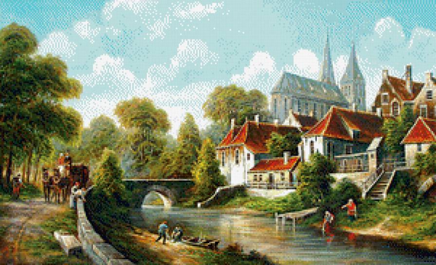 Пейзаж - река, пейзаж, мост, домики - предпросмотр