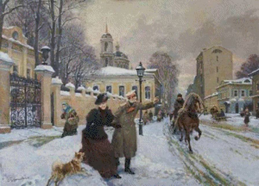 СЕРИЯ "ЗИМА В МОСКВЕ". 2 - улица, снег, москва, зима, дома, экипаж, дама, офицер - предпросмотр