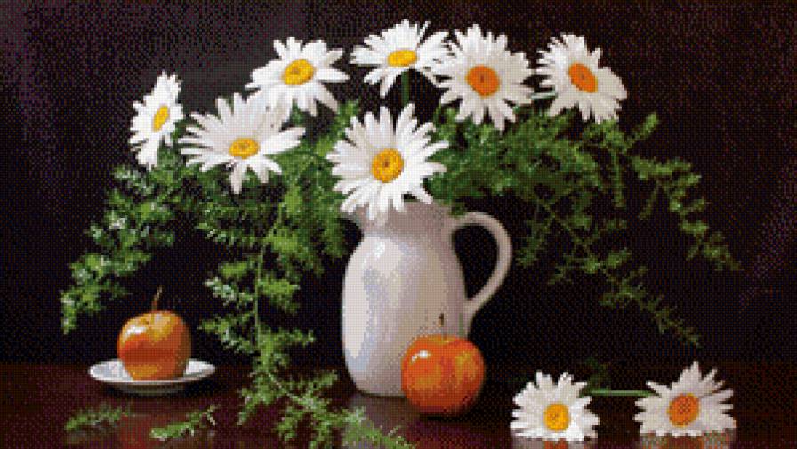 ромашковый натюрморт - цветы, натюрморт, яблоки, ромашки - предпросмотр
