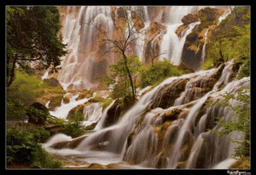 Китайский пейзаж - водопад, азия, восток, пейзаж - предпросмотр