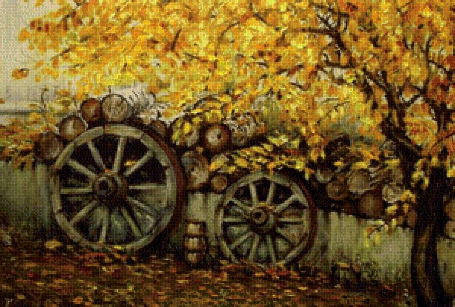осень на дворе - дорога, картина, дерево, живопись, колеса, природа, дрова - предпросмотр