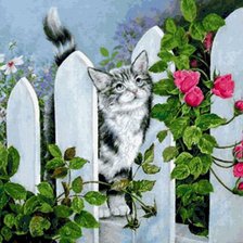 Схема вышивки «Котик на заборе»