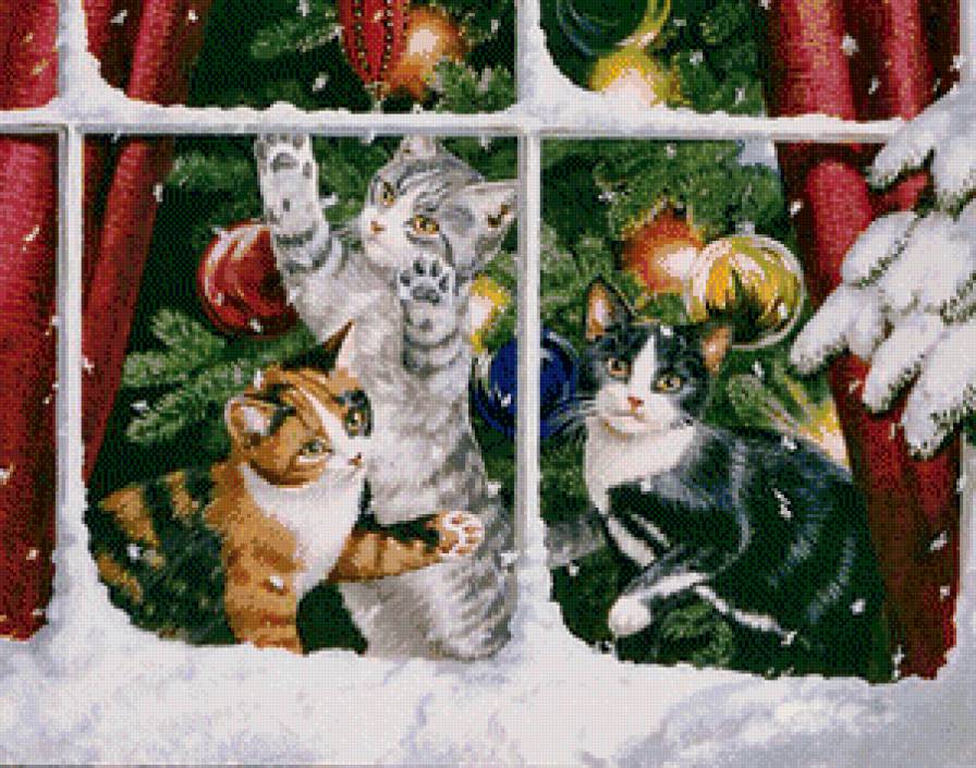 новогодняя - елка, котенок, окно, новый год, игрушки, кот - предпросмотр