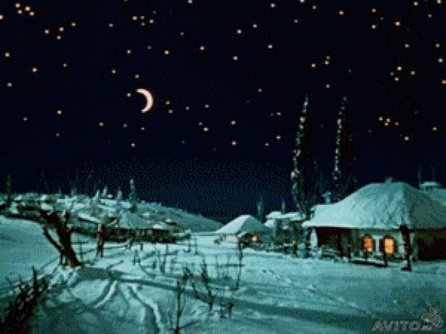 Ночное село - ночь, село, ночной пейзаж, месяц, зимний пейзаж, зима, деревенск - предпросмотр