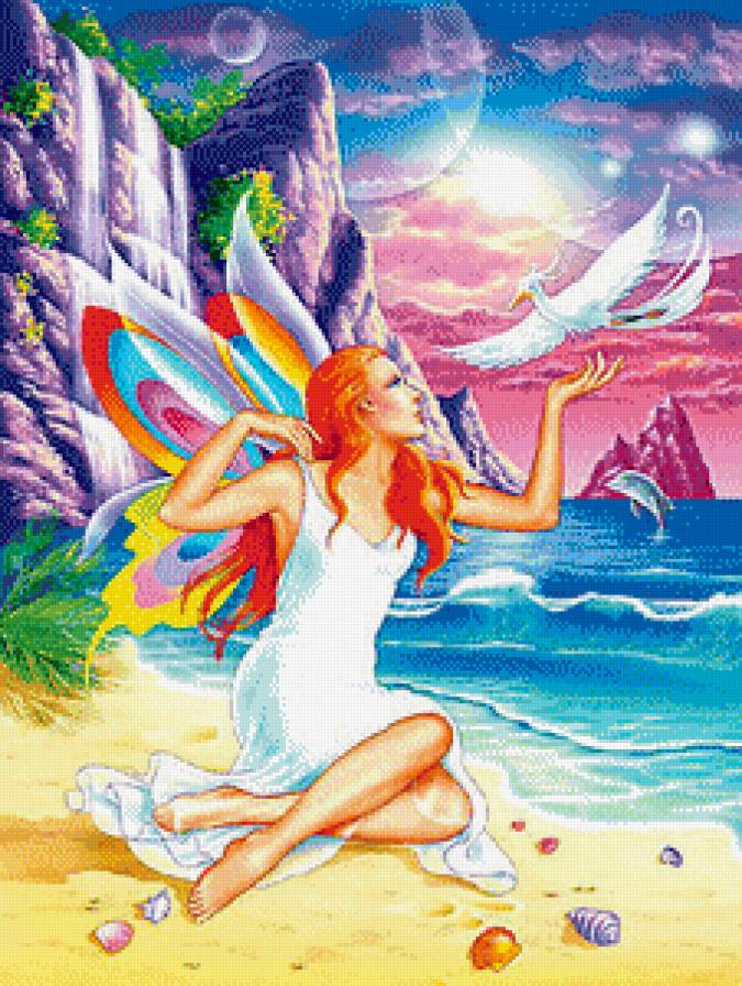 Птица счастья завтрашнего дня - фантазия, девушка, птица, море, бабочка - предпросмотр