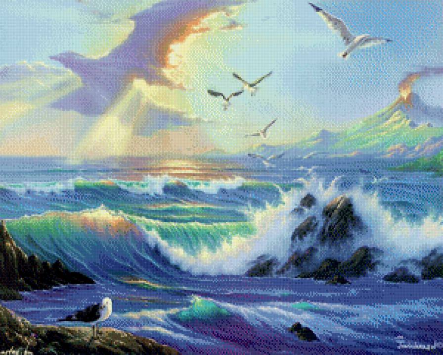 морской пейзаж - вода, чайки - предпросмотр