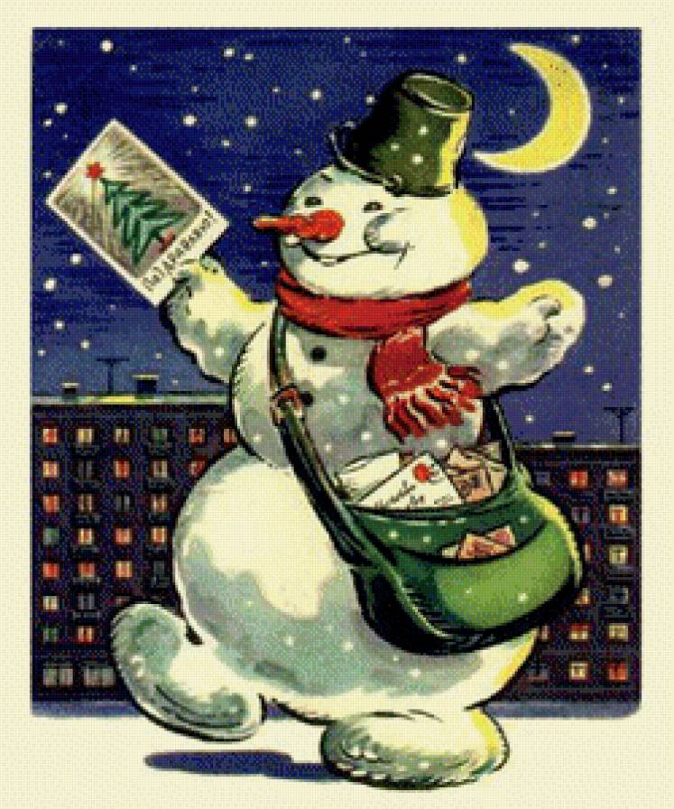 Новогодний почтальон - ночь, снеговик, зима, новый год - предпросмотр